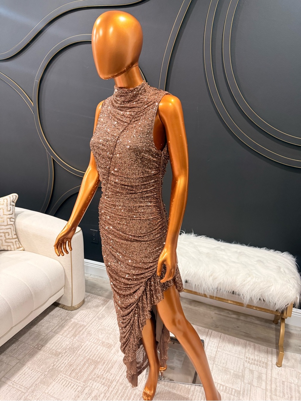 Blanc Clothing Bronze Copper Sequin Ruched Asymmetrical Cocktail Party Dress Sm